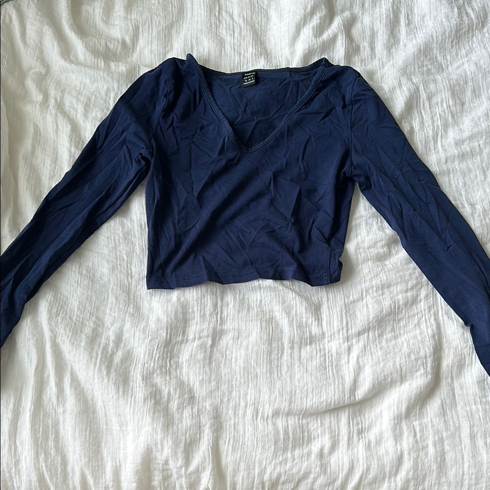 SHEIN Blue Long Sleeve Wrap Crop Blouse